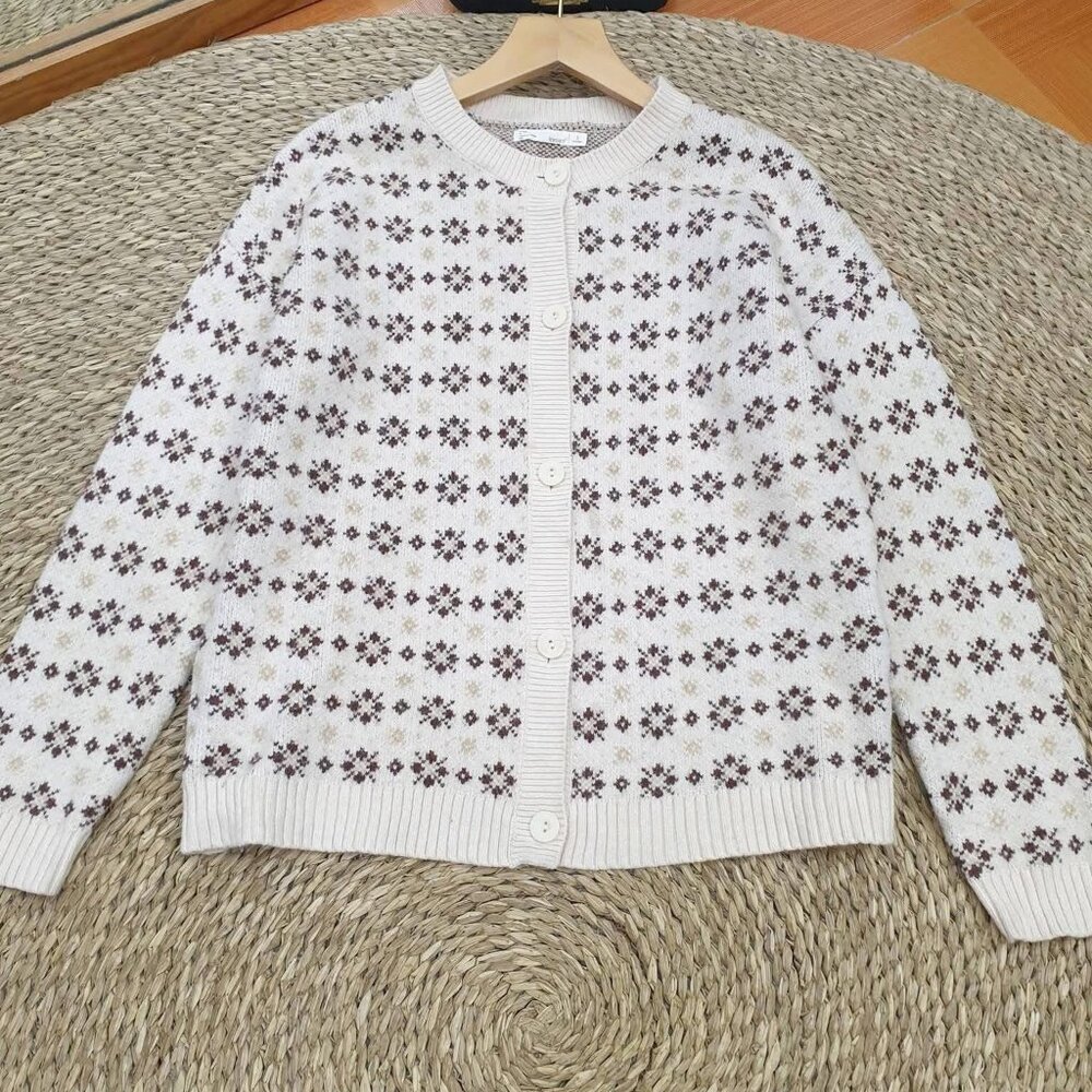 Cream Fair Isle Floral Pattern Button Cardigan Cozy Vintage Knit Sweater ❄️